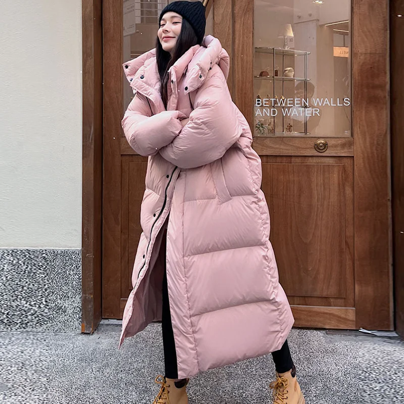 

Winter Warm Coat Thickened Knee-length White Duck Down Coat Hooded Long Section Parka Fashion Big Quilt Lazy Wind Women's Coat