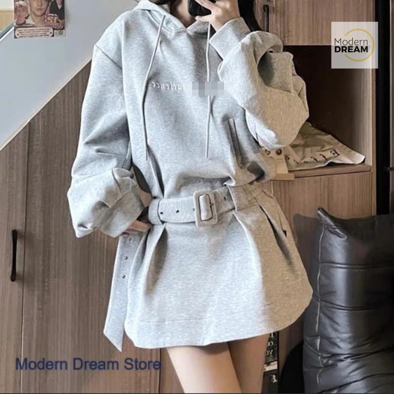 

French gray long-sleeved waist dress children spring and autumn new fashion temperament hooded sweater chic casual skirt.