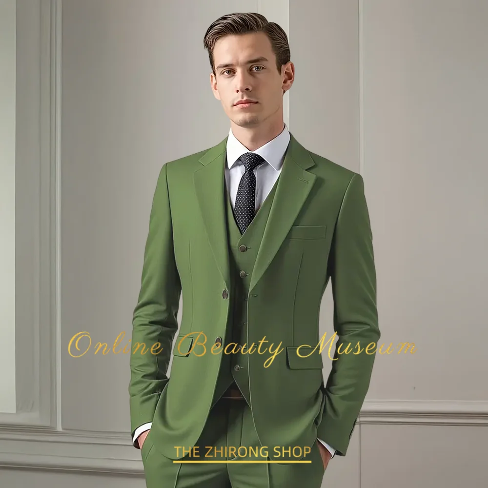 

Elegant green men's 3pcs suit notch lapel jacket vest pants slim fit custom set for wedding groom dating Easter Xmas prom tuxedo