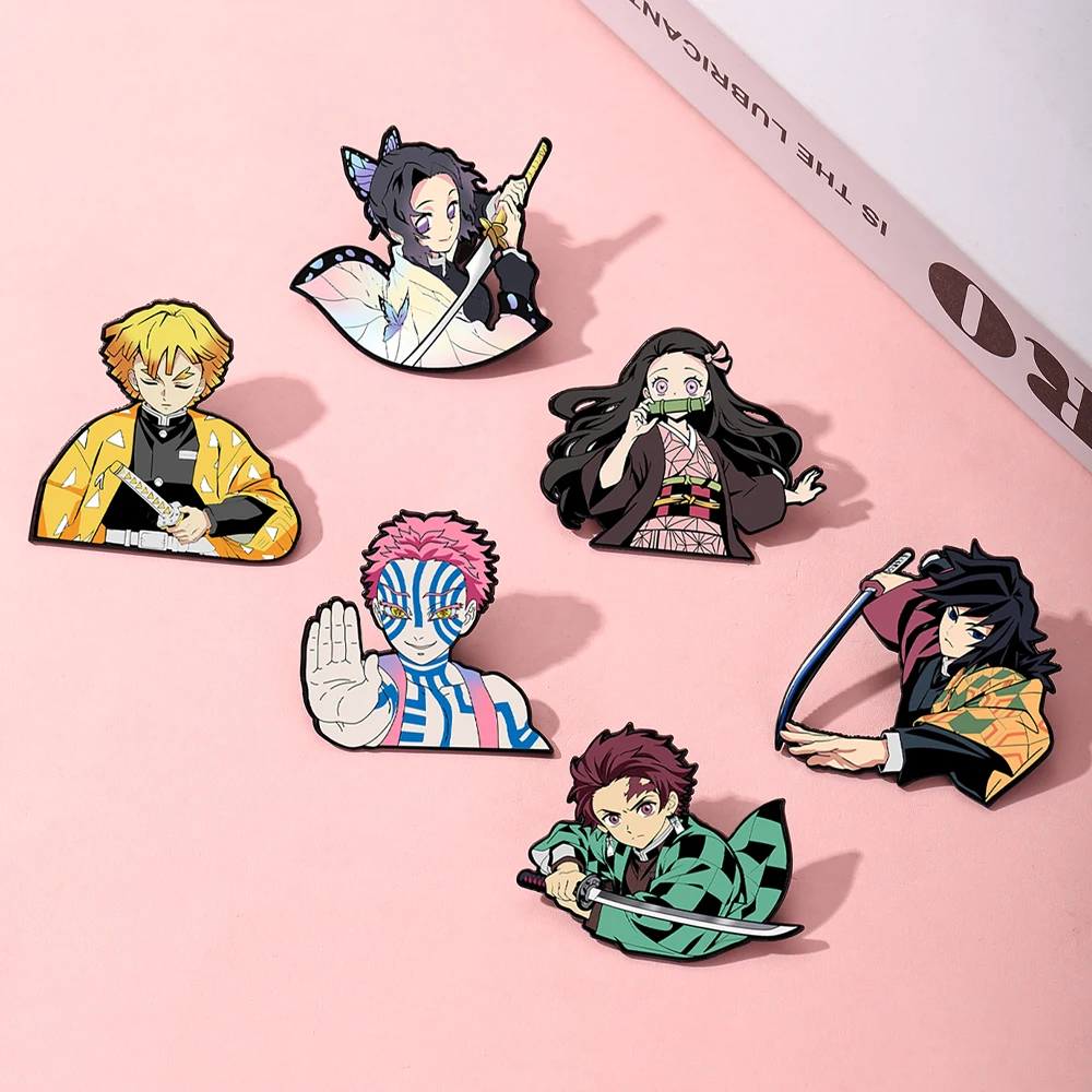 6 Pcs Nezuko & Tanjirou Enamel Pins Cartoon Brooch Creative Metal Badges Jewelry for Clothing And Backpack Accessories Gift