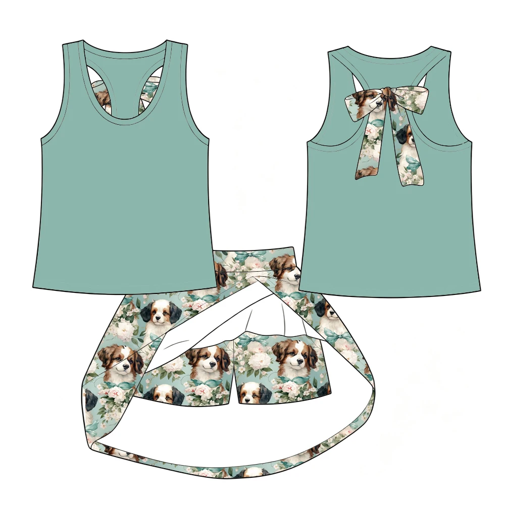 Boutique children's set sleeveless bow decoration top paired with safety shorts and skirt watermelon bee puppy print wholesale