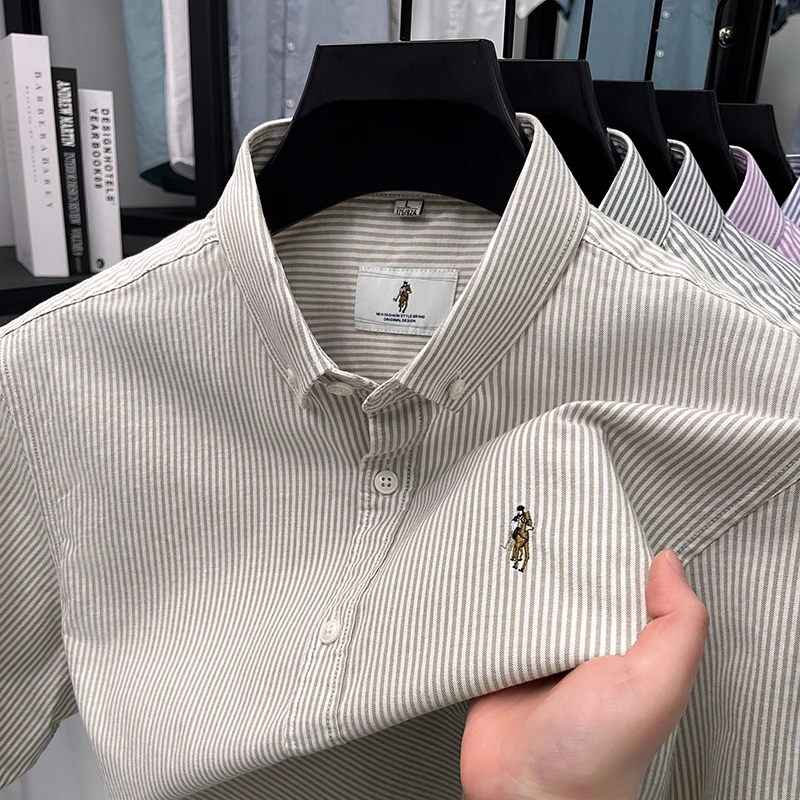 Image of Qualität Luxus Marke männer Hemd 100 Baumwolle Revers Pferd Gestickte kurzhülse Streifen Hemd Sommer Neue Mode Büro Menswear top