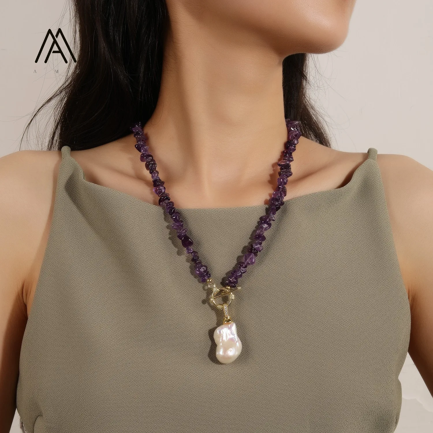 AMZ-ZJ15 Boho Nature Crystal Chip Bead Beaded Necklace with Irregular Baroque Pearl Pendant Turquoise Stone Women's Jewelry Gift