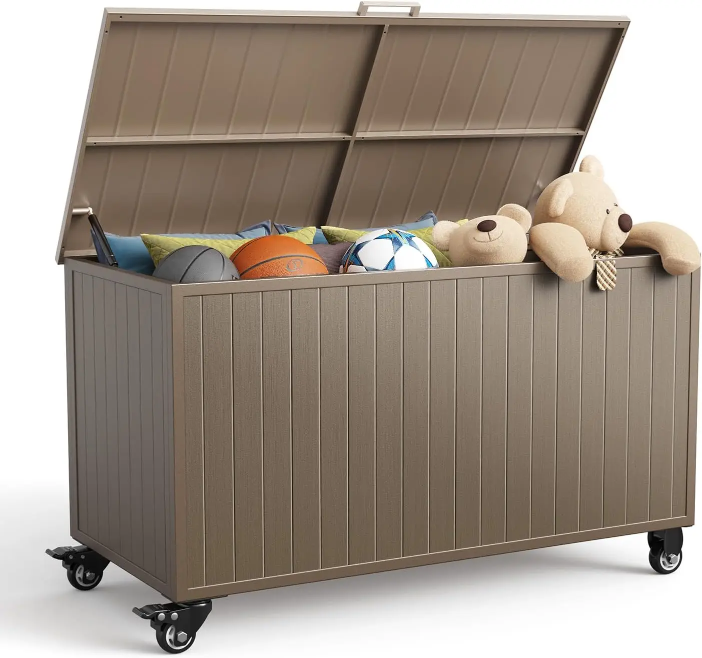 Scatola portaoggetti da esterno con ruote da 150 galloni, scatole da ponte in metallo Scatola portaoggetti da patio impermeabile e resistente ai raggi UV con coperchio per mobili da giardino