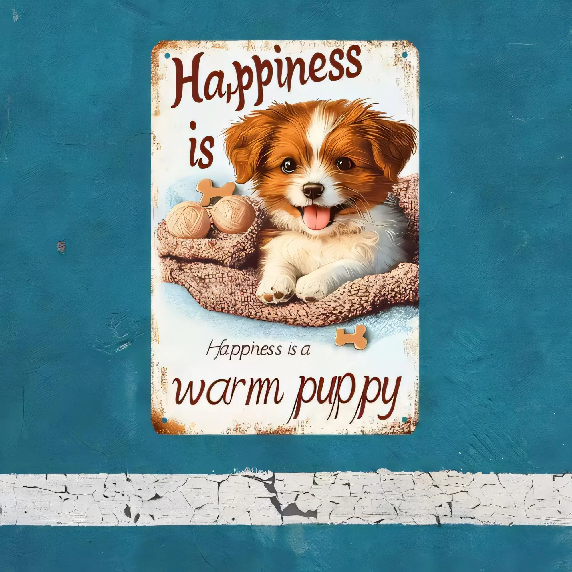 Tin Sign Happiness Is a Warm Puppy Vintage Metal Wall Art Plaque for Puppy Lover Dog Owner Farmhouse Rustic Home Decor Garage Ba