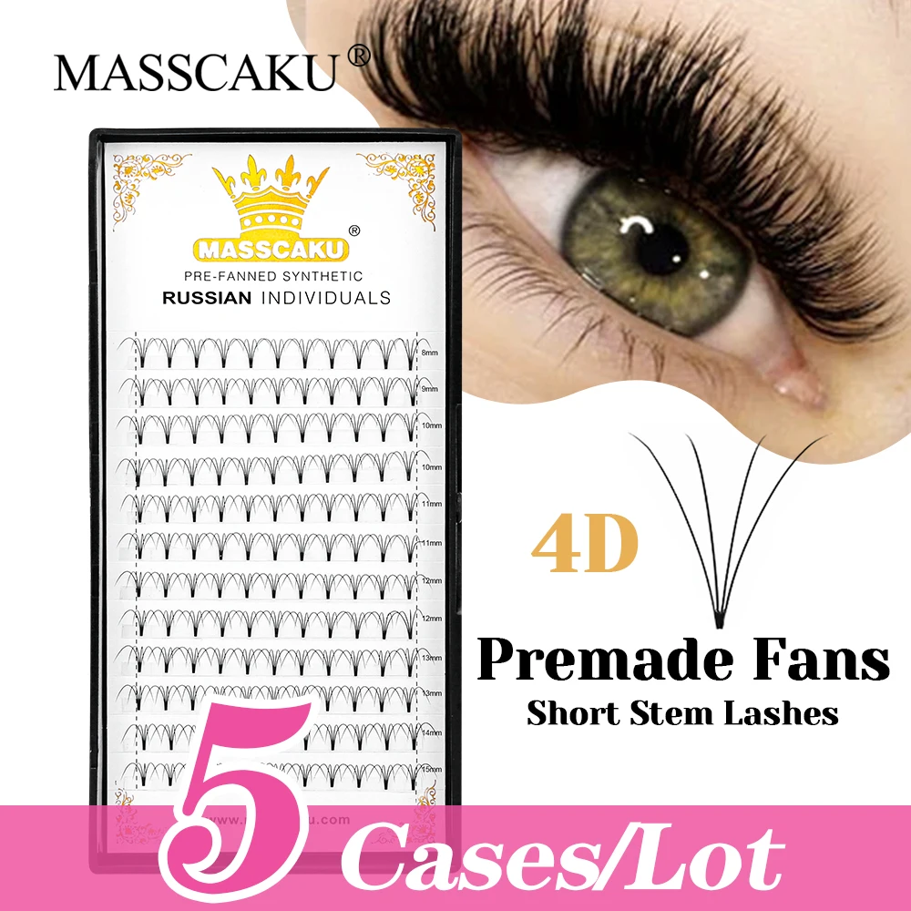 

MASSCAKU 12 Rows 5cases/lot 8-15mm and Mix Size Thin Root Lashes Lightweight Short Stem Premade Fans Eyelashes with Rich Styling