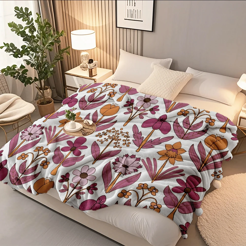 

Stylish Flannel Bed Blanket Boho Floral Block Print European Classical Quilted Bed Runner Hotel-style Cover With Ultra-soft