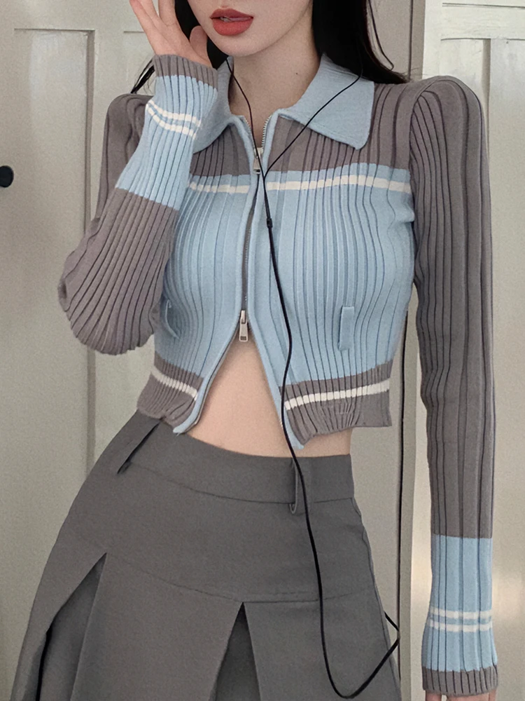 Knitted Cardigan Women Autumn Long Sleeve Lapel Zip Up Skinny Crop Top Korean Fashion Hotsweet Slim Short Sweater Y2K Streetwear