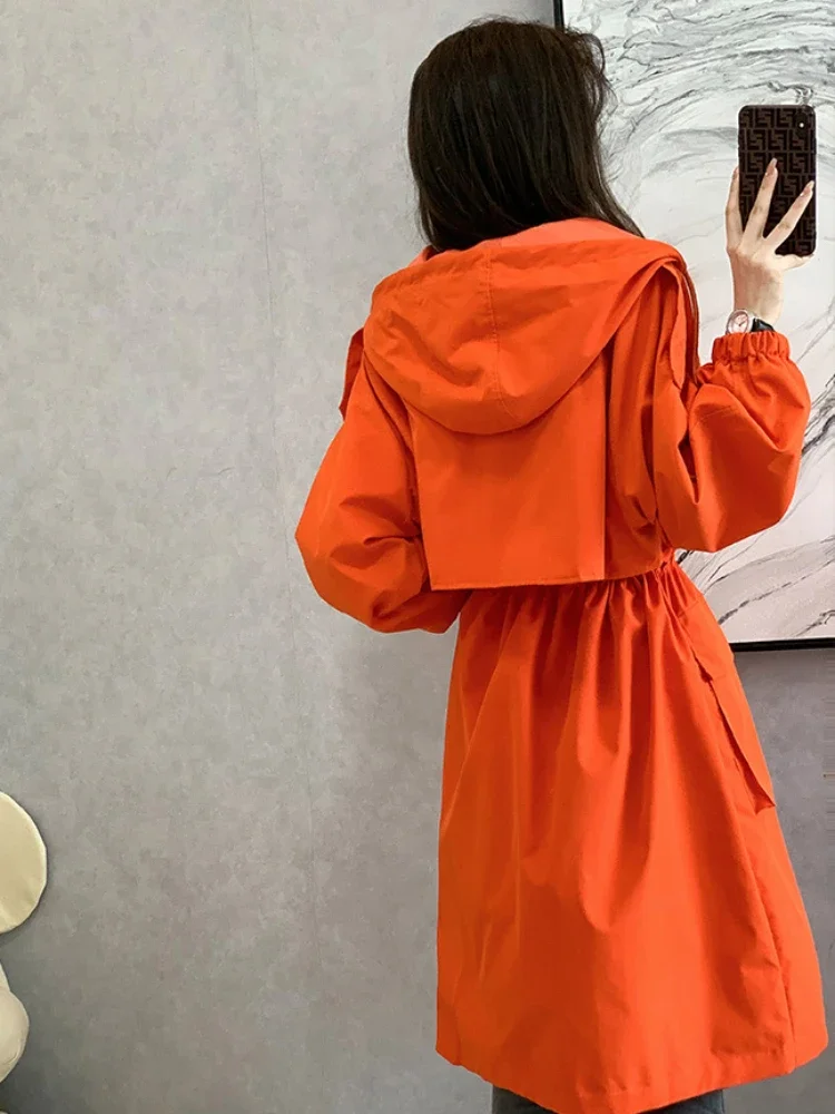 Korean Fashion Trench Coat for Women Spring Autumn Solid Hooded Windbreaker Long Coat Jackets Women Clothing Long Sleeved Tops