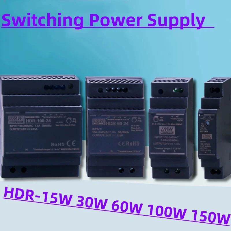 DIN Rail Switching Power Supply 100-240VAC HDR-15W 30W 60W 100W 150W 12V 24V SMPS Ultra-Thin Transformer LED Lighting Driver