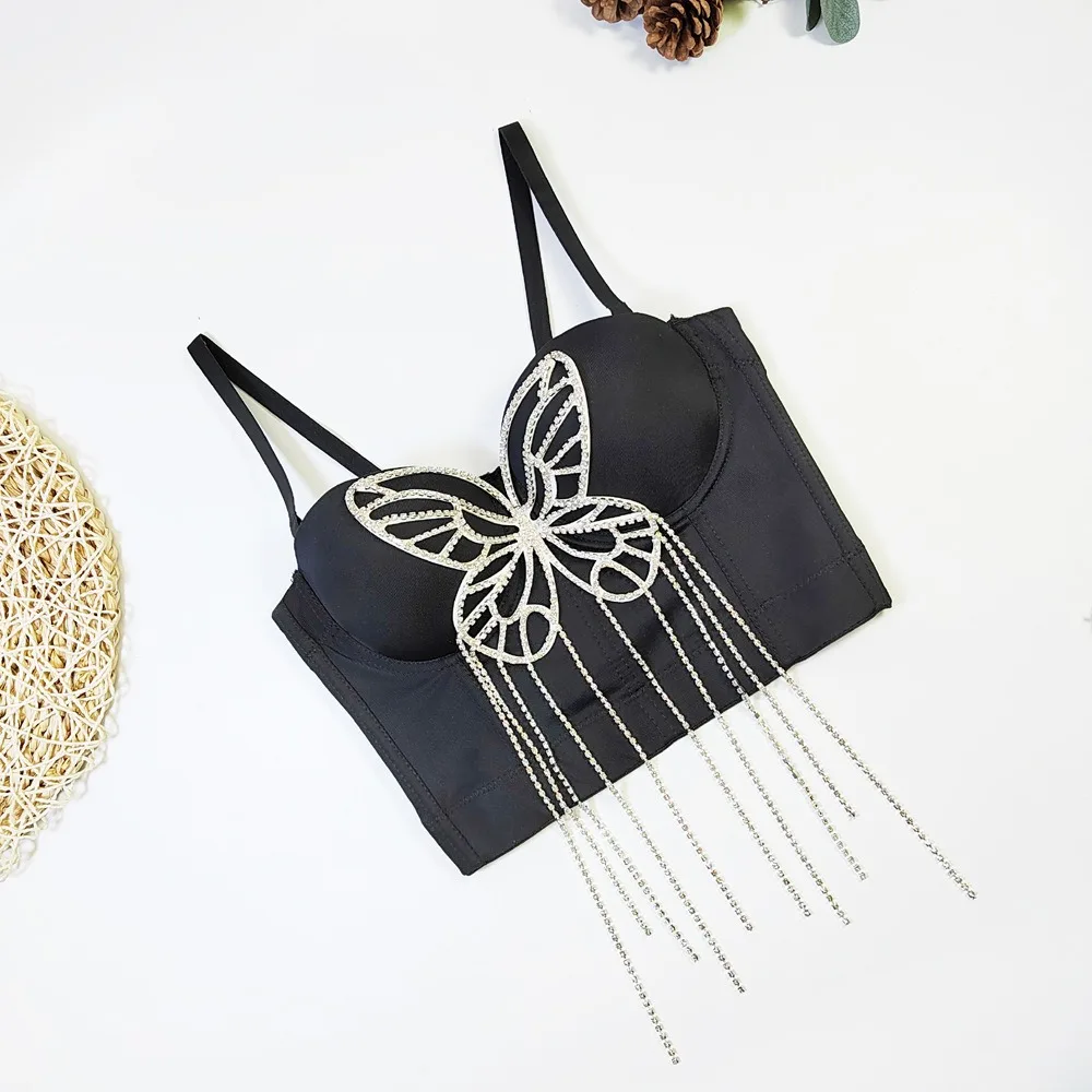 IRENE TINNIE Female Party Fashion Vest Crop Tops Built In Bra Butterfly Rhinestone Tassel Corset Top Suspenders Black Bustier