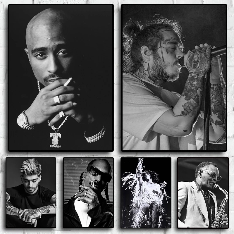 Pop Singer 2pac Post Malone Posters Nordic Black and White Hip Hop Aesthetic Pictures For Room Music Canvas Home Wall Art Decor