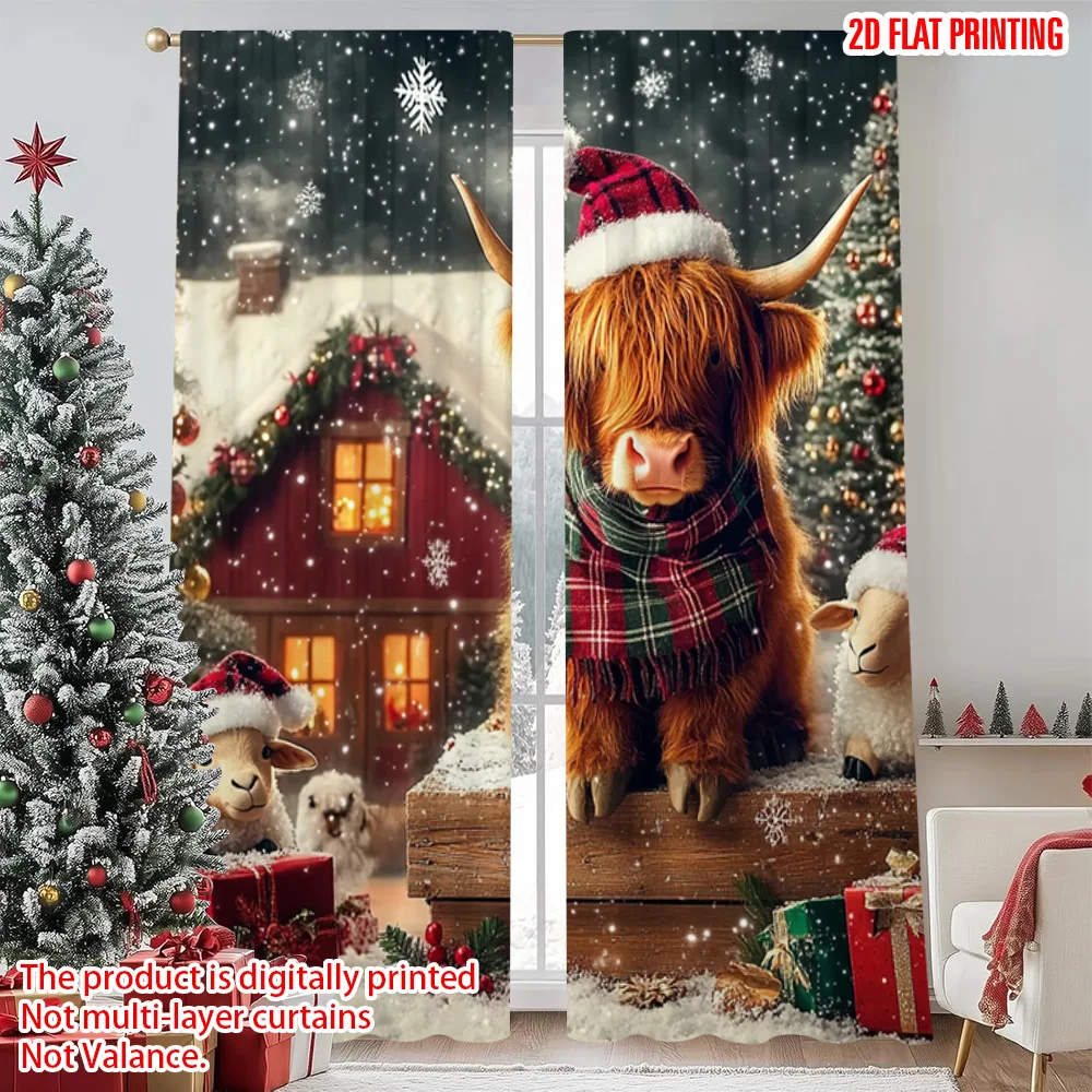 

2pcs 2D flat printing Merry Christmas Window Drapes Highland Cow Christmas Versatile Durable Polyester Without Electricity Party