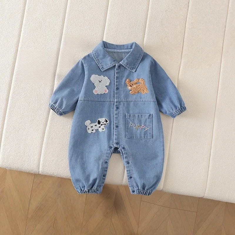 Newborn Baby Denim Jumpsuit Cartoon Puppy Long Sleeve Romper for Outdoor Spring Infant Boys Daily Outdoor Clothes