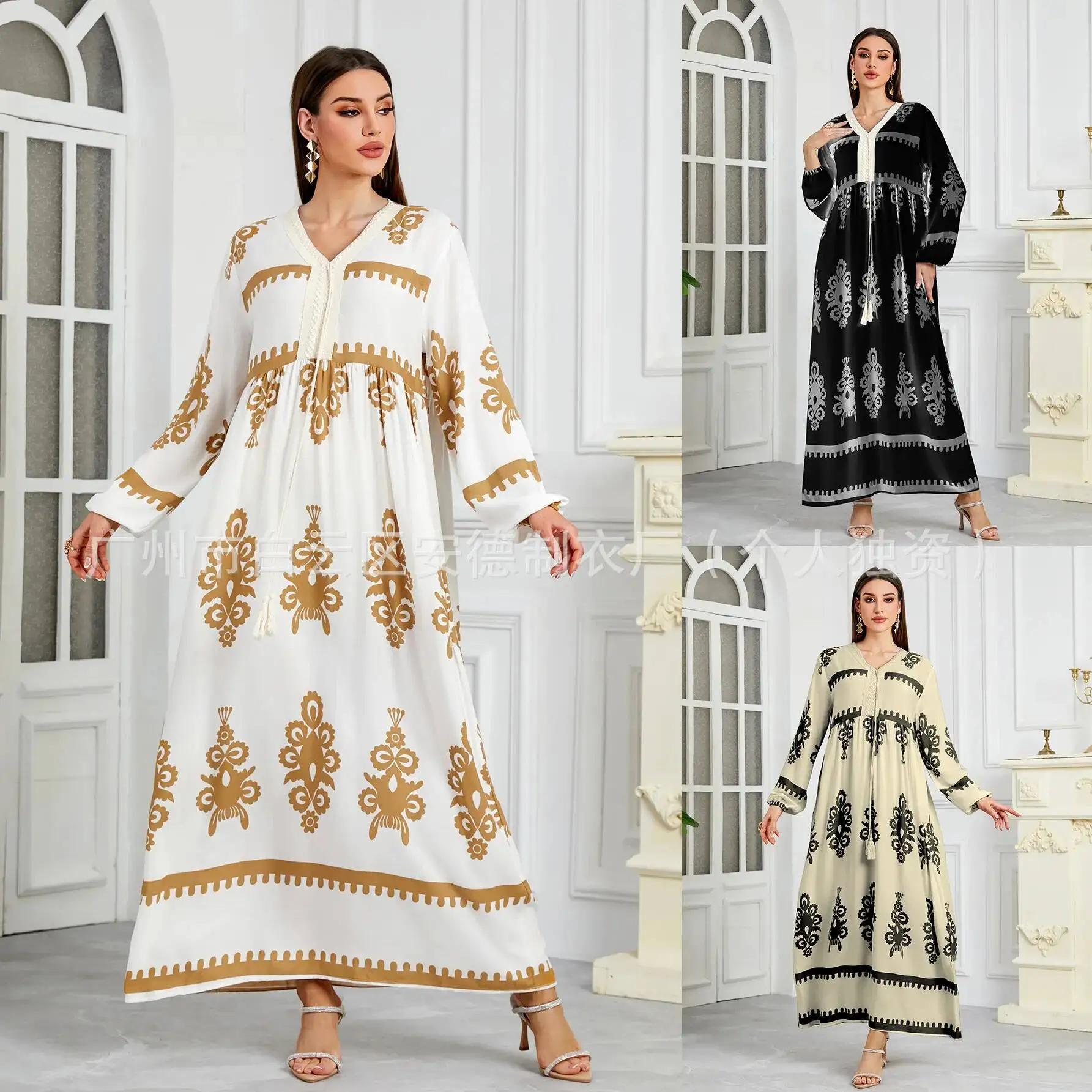 

Женское модное платье-роба с принтом, элегантное, в арабском стиле, из муслина, длинное, абайя, для Рамадана, Дубай, роскошное, исламское, изысканное