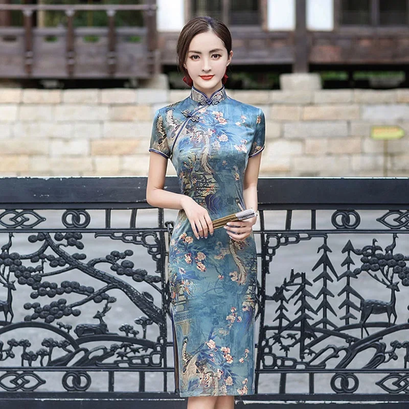 Women Summer Traditional Cheongsam Fashion Short Sleeve Vintage Dress Costumes Slim Dresses M To 5XL