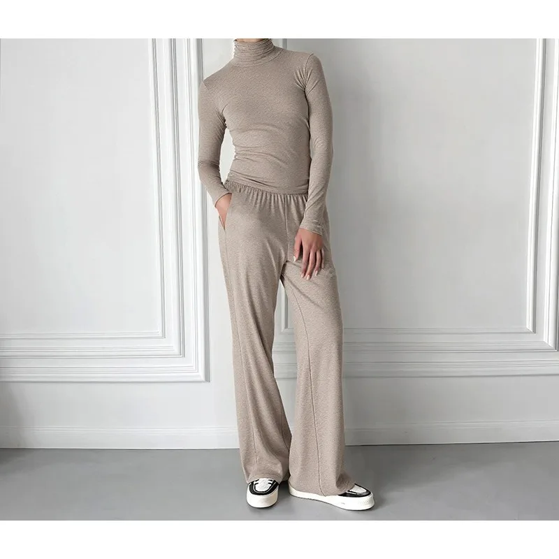 

2 Piece Set Women 2025 Autumn Casual Home Suit Turtleneck Long Sleeve T-shirts Tops + Loose Straight Pants Streetwear Outfits