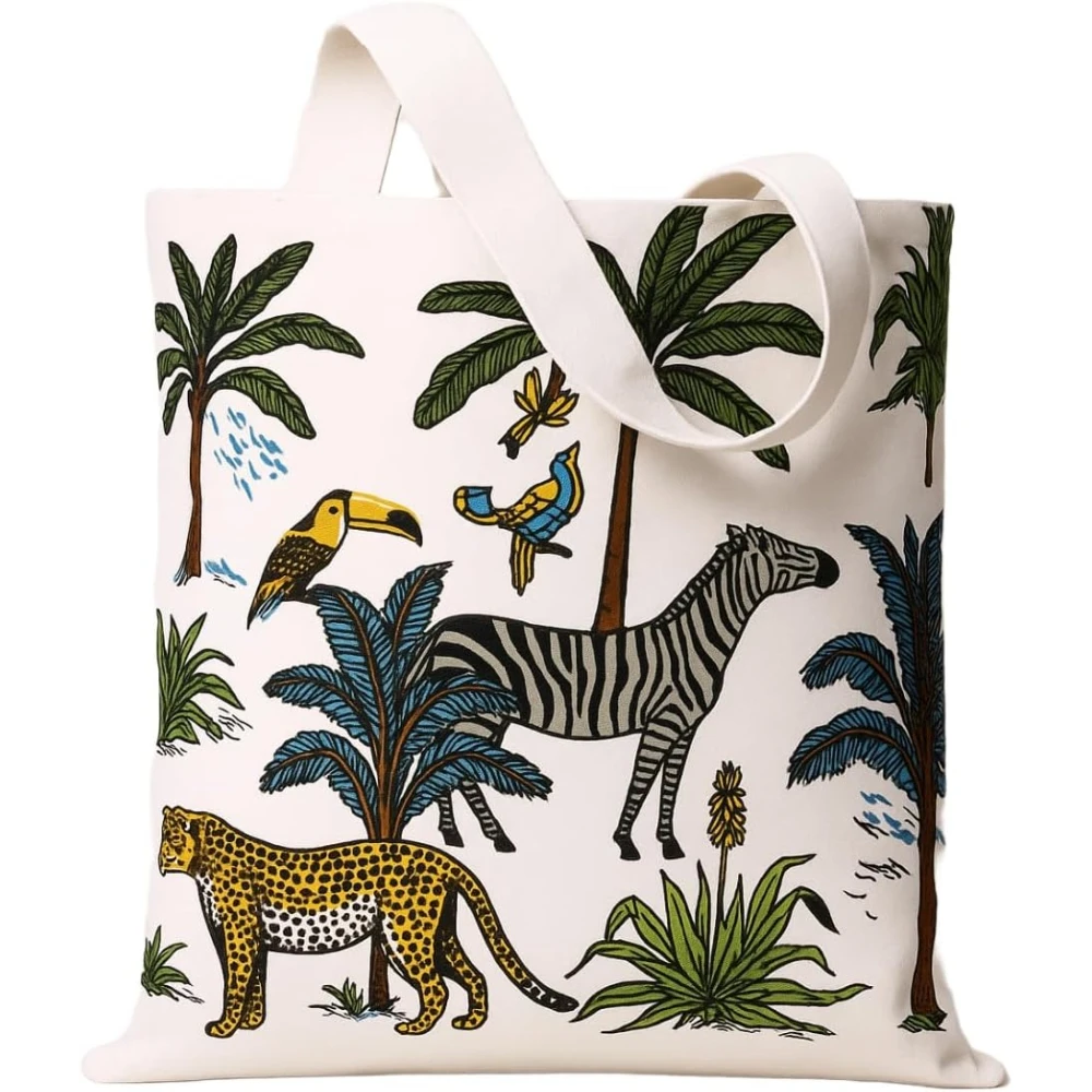Safari Animal Print Canvas Tote Bag Reusable Eco Friendly Shopping Shoulder Bag For Daily Use