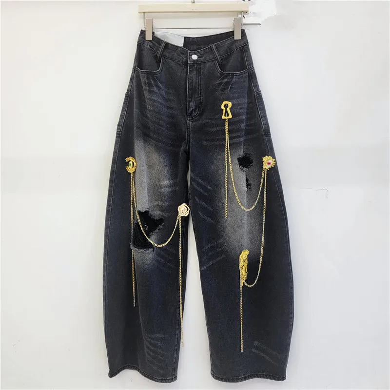High Street Vintage Chain Decoration Wide Leg Curved Knife Jeans Pants Women's New Loose Sickle Banana Hole Denim Pants