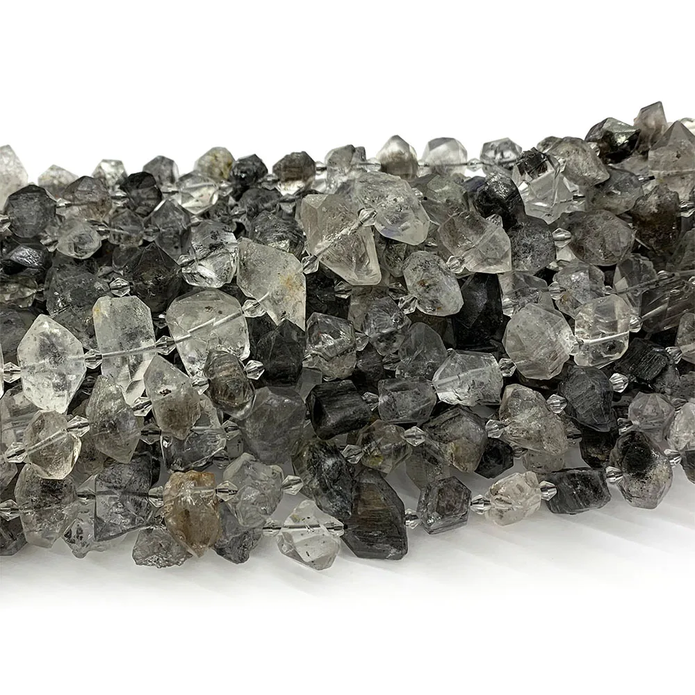 Veemake Natural Raw Mineral Black Herkimer Diamond Energy Nugget Free Form Loose Hand Cut Faceted Beads For Jewelry Making 08492