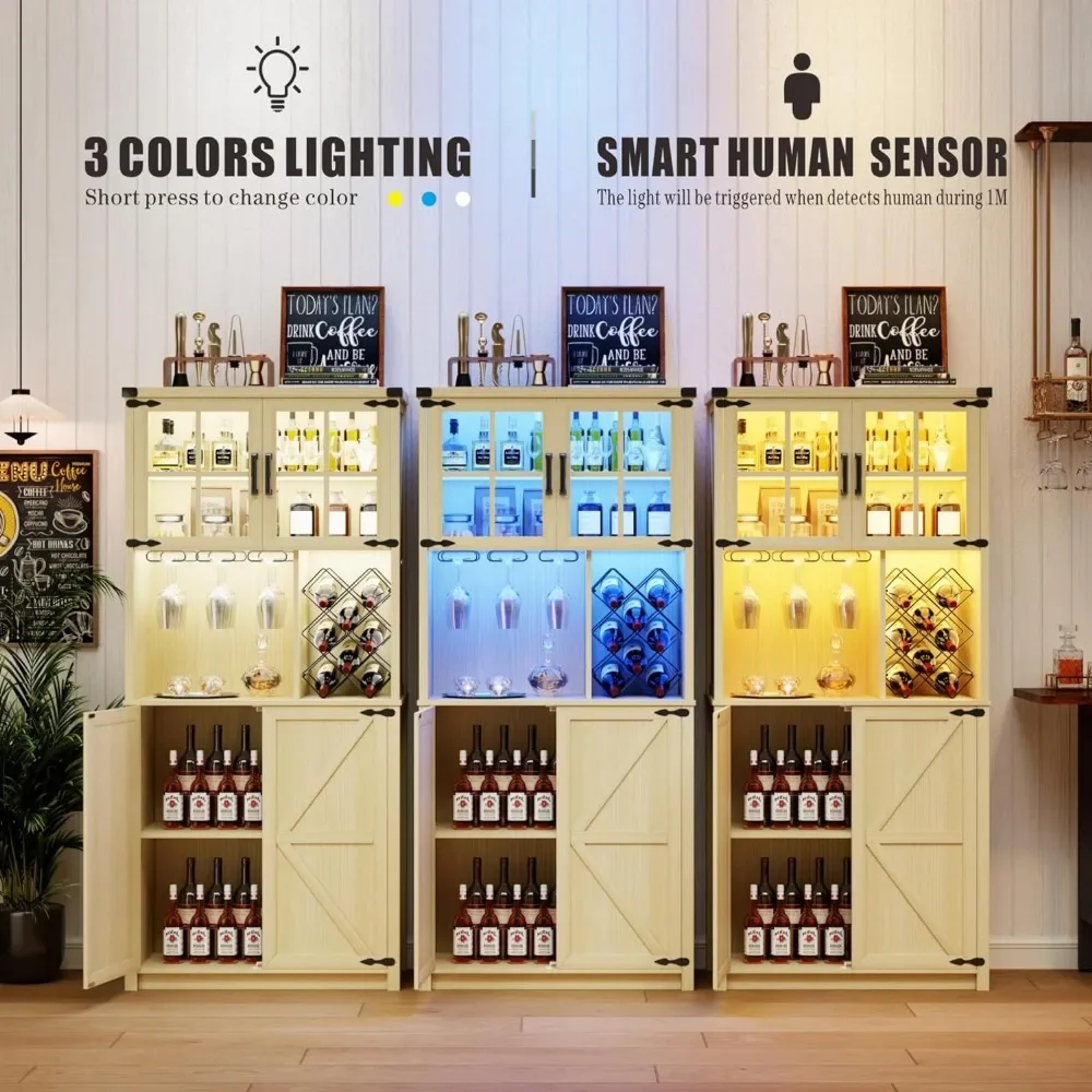 Armoire de bar de ferme avec lumière LED, 68 grands français en effet, armoires avec porte-vin et verre, armoire de bar