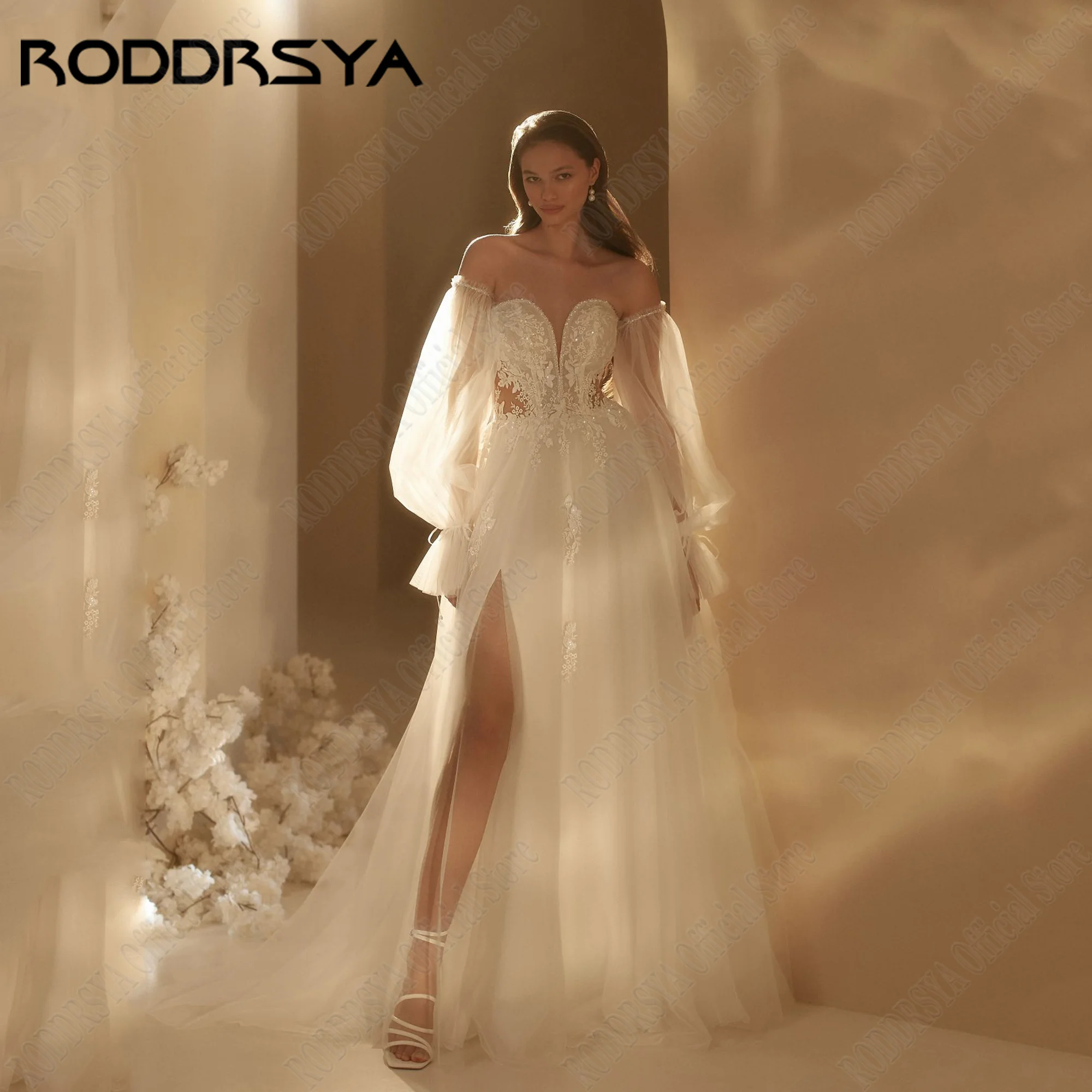 

RODDRSYA Sweetheart Wedding Dresses A-Line Detachable Puff Sleeves Backless Applique Beading Tulle Bride Gowns Vestido De Novia