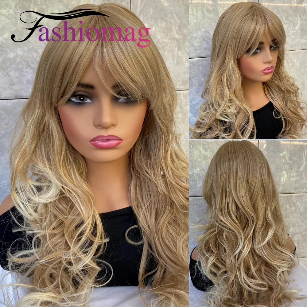 Fashiomag Long Curly Blonde Rooted Human Hair Blend Heat Ok Wigs Women Soft Natural Daily Use