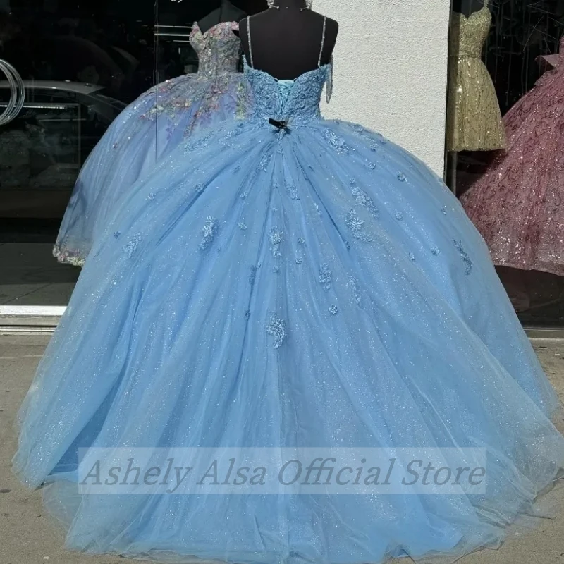 Maßgeschneidertes babyblaues Quinceanera-Kleid mit Applikation, Spitze, Spaghettiträger, Geburtstagsfeier, mexikanisches Mädchen-Abschlussballkleid, Vestidos de 15 Jahre