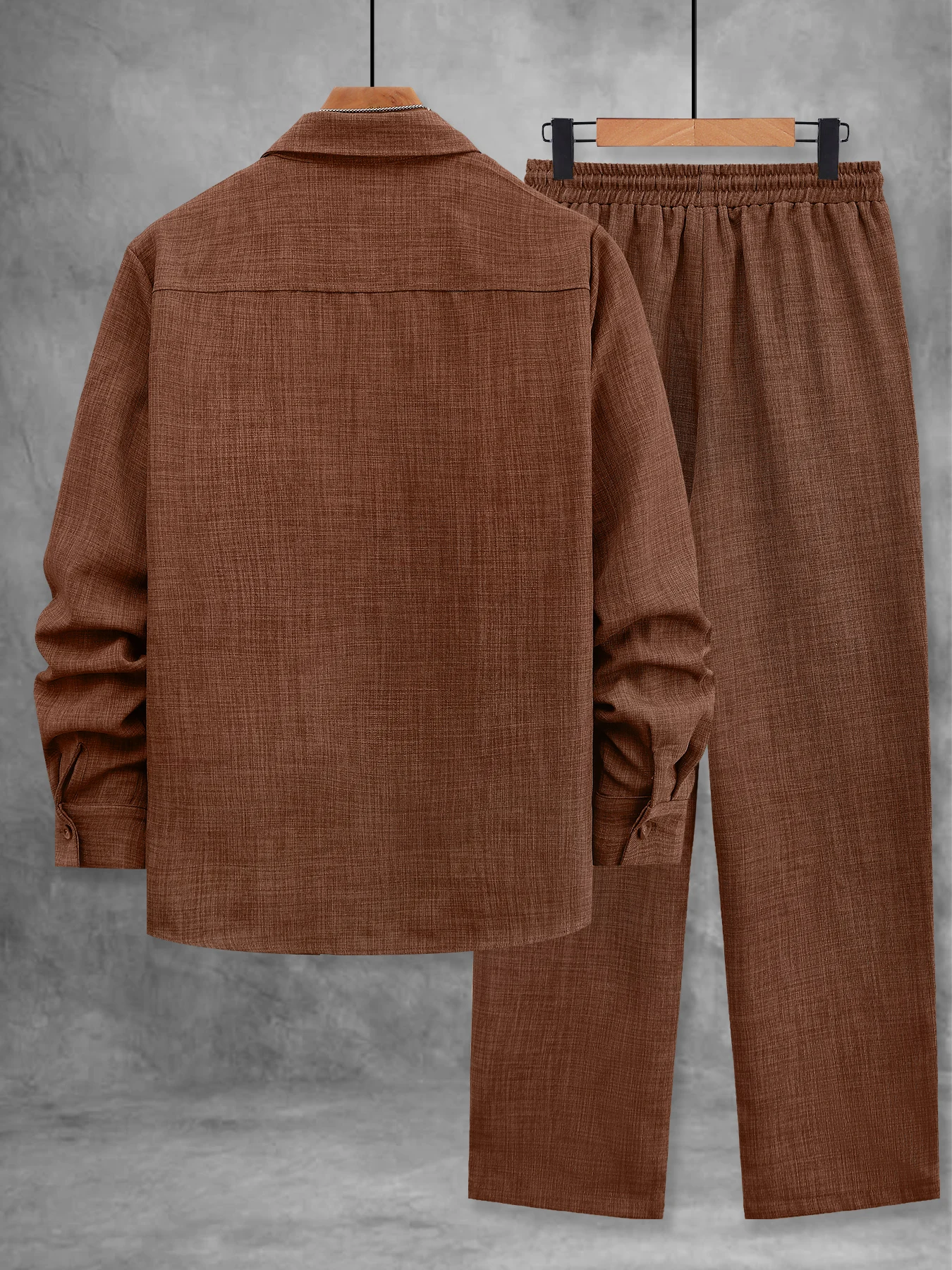 Spring and Autumn Men's Retro Color Long-Sleeve Two-Piece Set, Caramel-Colored Textured Lapel Shirt, Elastic Drawstring Wide-Leg Pants Casual Outfit Set