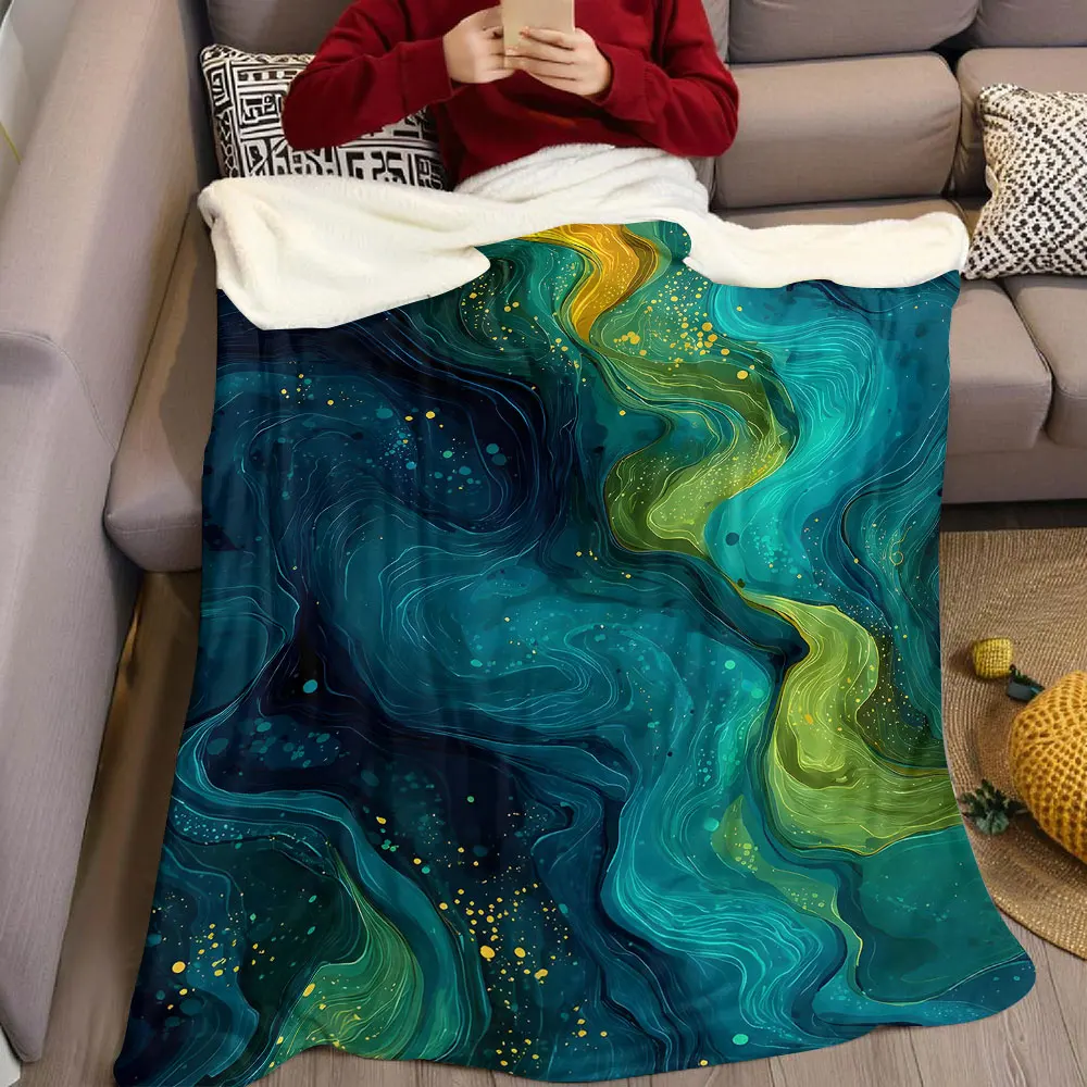Teal Gold Kintsugi Fluid Flannel Blanket Warm Soft Halloween Christmas Decorative Couch Warm Cozy All-Season Gift
