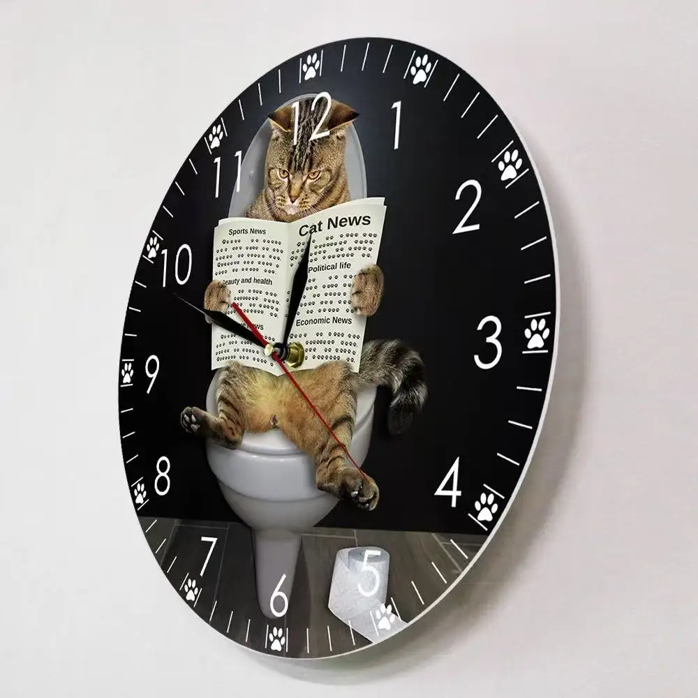 Funny Cat on Toilet Wall Clock Reading Newspaper Silent Quartz Watch Bathroom Toilet Decor Humor Cat Lover Housewarming Gift