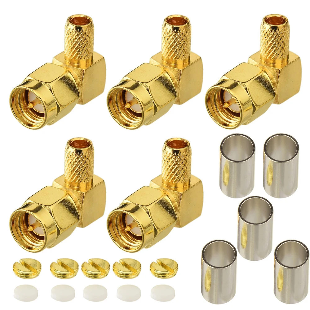 5pcs/lot SMA Male Connector 90 Degree Right Angle Crimp for RG58 LMR195 RG142 RG400 Cable 50ohm RF Adapter Coaxial New Brass