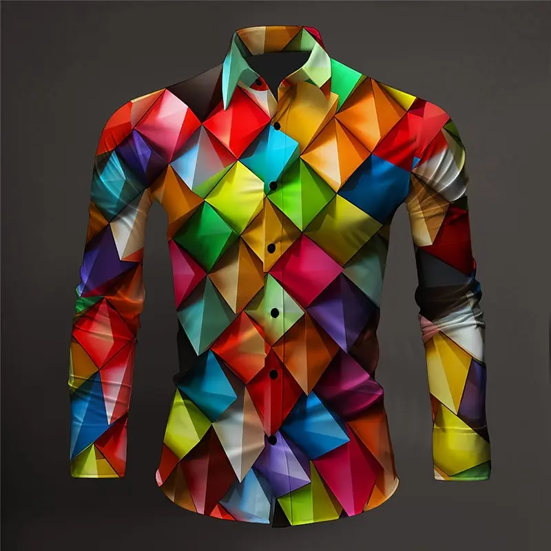 

Color Block Colorful Art Abstract Men's Shirt Everyday Outing Autumn and Winter Cuffed Long Sleeve Purple Rainbow Long Sleeve Sh