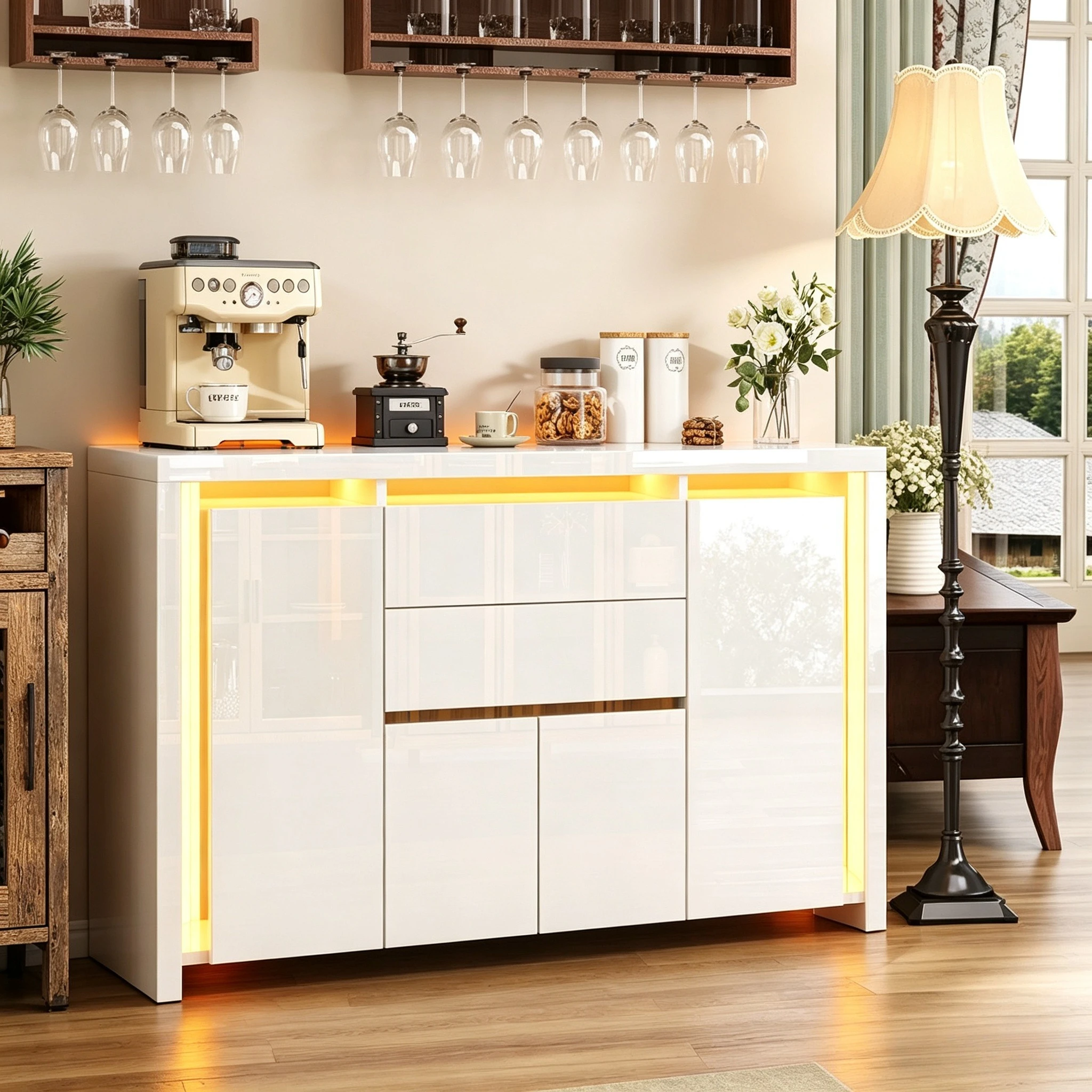 Credenza Rosahqnda, 160x35x75 cm, mobile contenitore per la cucina con 4 ante e 2 cassetti, credenza con finitura lucida e luci a LED, in MDF, bianca/nera.