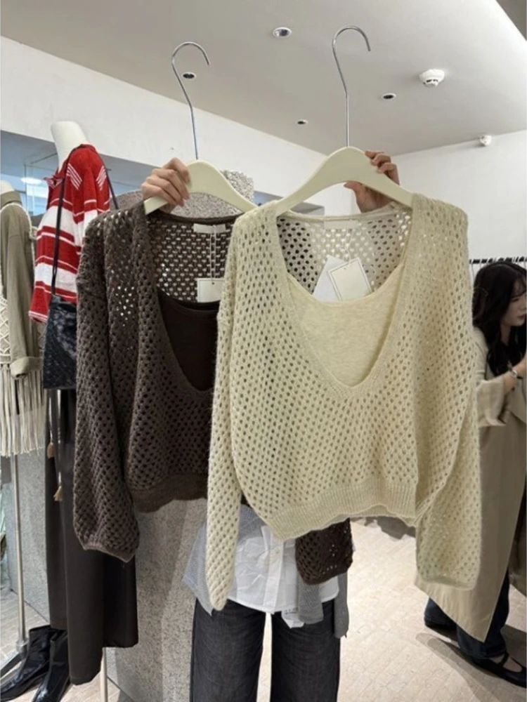 Koreańskie komplety swetrowe z dzianiny z wycięciami, dopasowany sweter na ramiączkach, komplet kamizelki, sweter damski, casualowy modny sweter, pulower damski