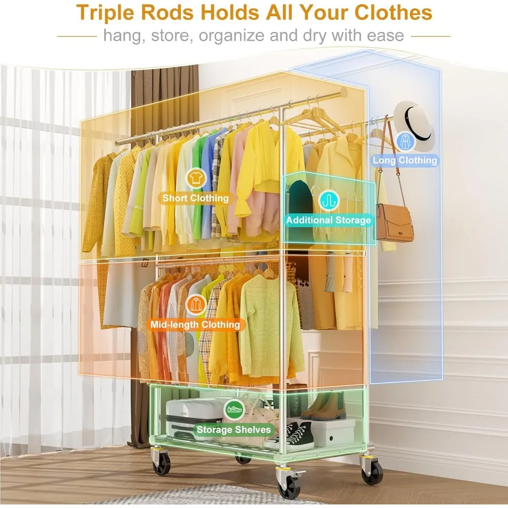 رف ملابس قابل للتمديد شديد التحمل من الفولاذ المقاوم للصدأ مع ثلاثة قضبان تعليق بسعة تحميل 960 رطل