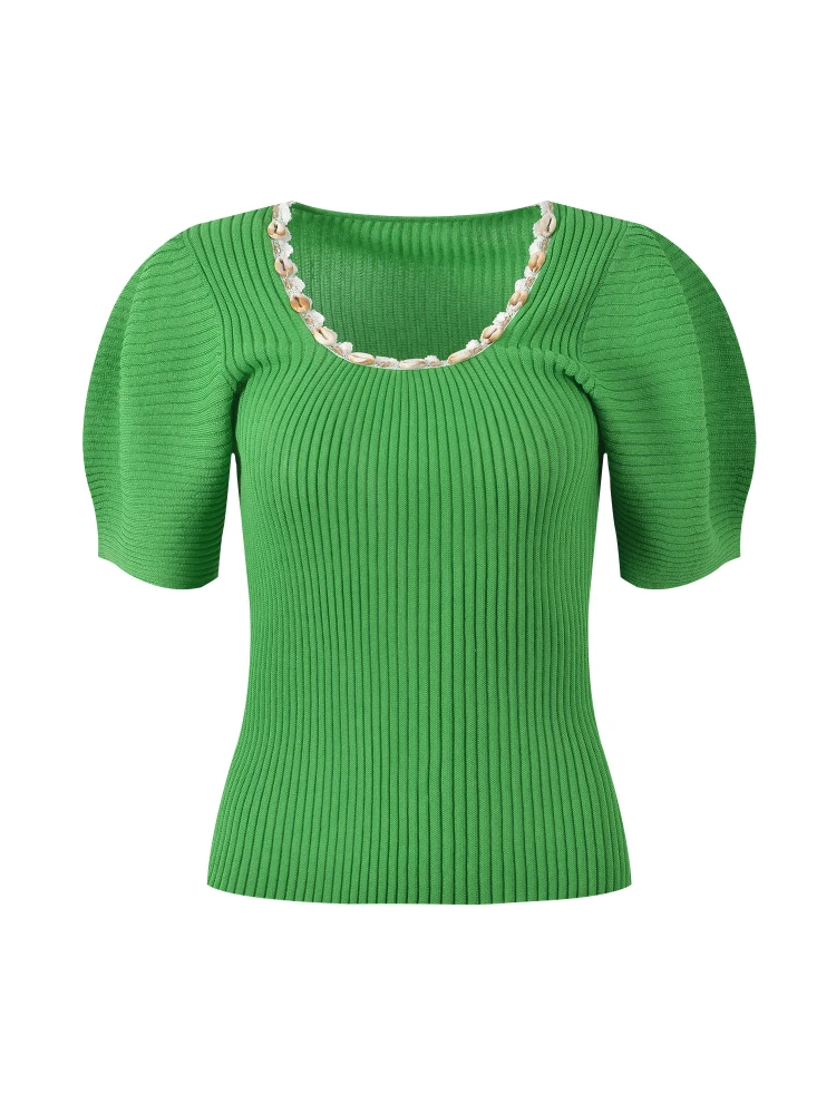 เสื้อถักไหมพรมผู้หญิงดีไซน์หรูหราสำหรับฤดูร้อน ทรงกลม แบบมีลูกปัด หรือ ทรงกลมแบบมีฟองอากาศ เสื้อยืดทรงกลมแบบสวม