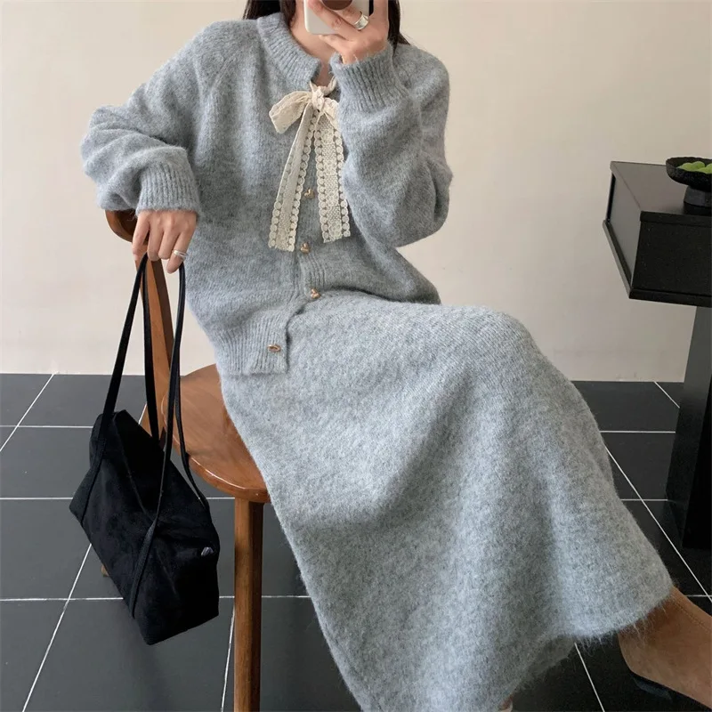 Gentle Temperament Set, Women's Autumn and Winter New Item, Lace Up Sweater, A-line Skirt, Solid Color Two-piece Set