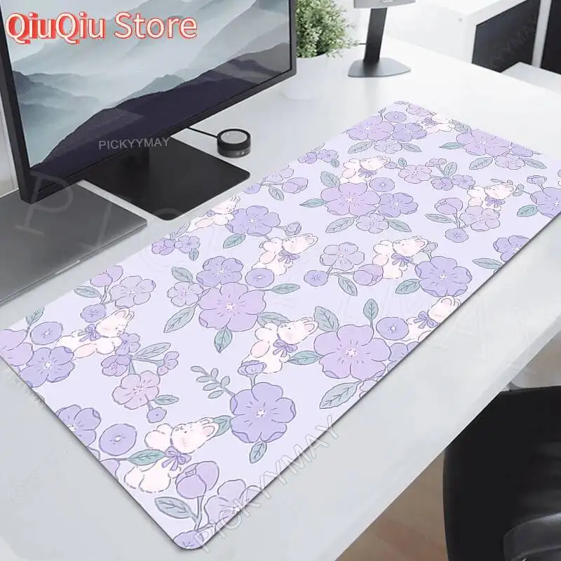 Cute Bunny Mouse Pad Purple Flower Large Gamer Mousepad Keyboard Mat XXXL Mouse Mats Kawaii Rubber Desk Pad 100x55cm Desk Rugs