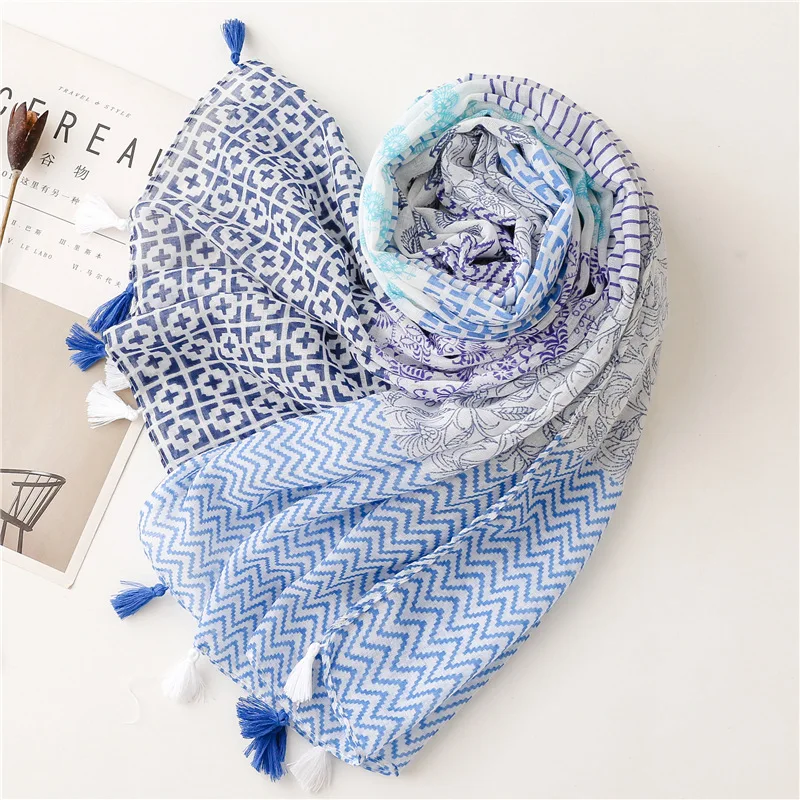 Mori girl Japan style long blue geometric print patchwork scarf luxury brands hijabs women's neck scarves