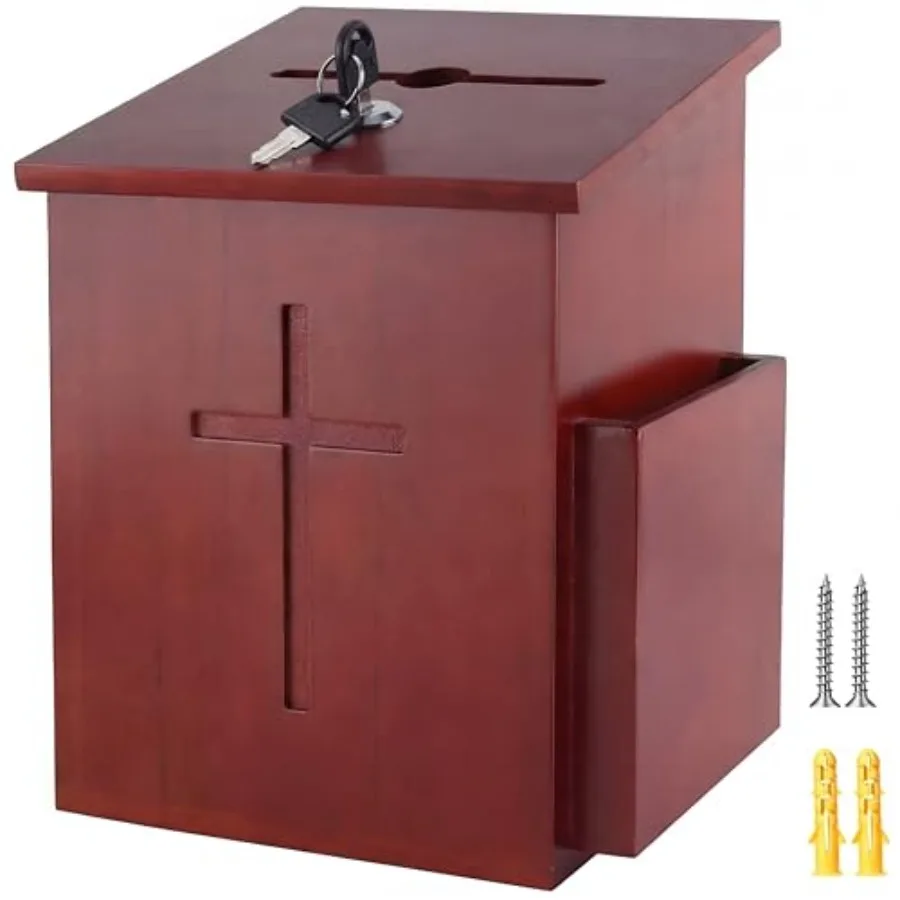 

Prayer Request Box Cross Offering Church Donation Charity Ballot Suggestions Box with Slot and Lock Hinged Lid for Envelopes Su