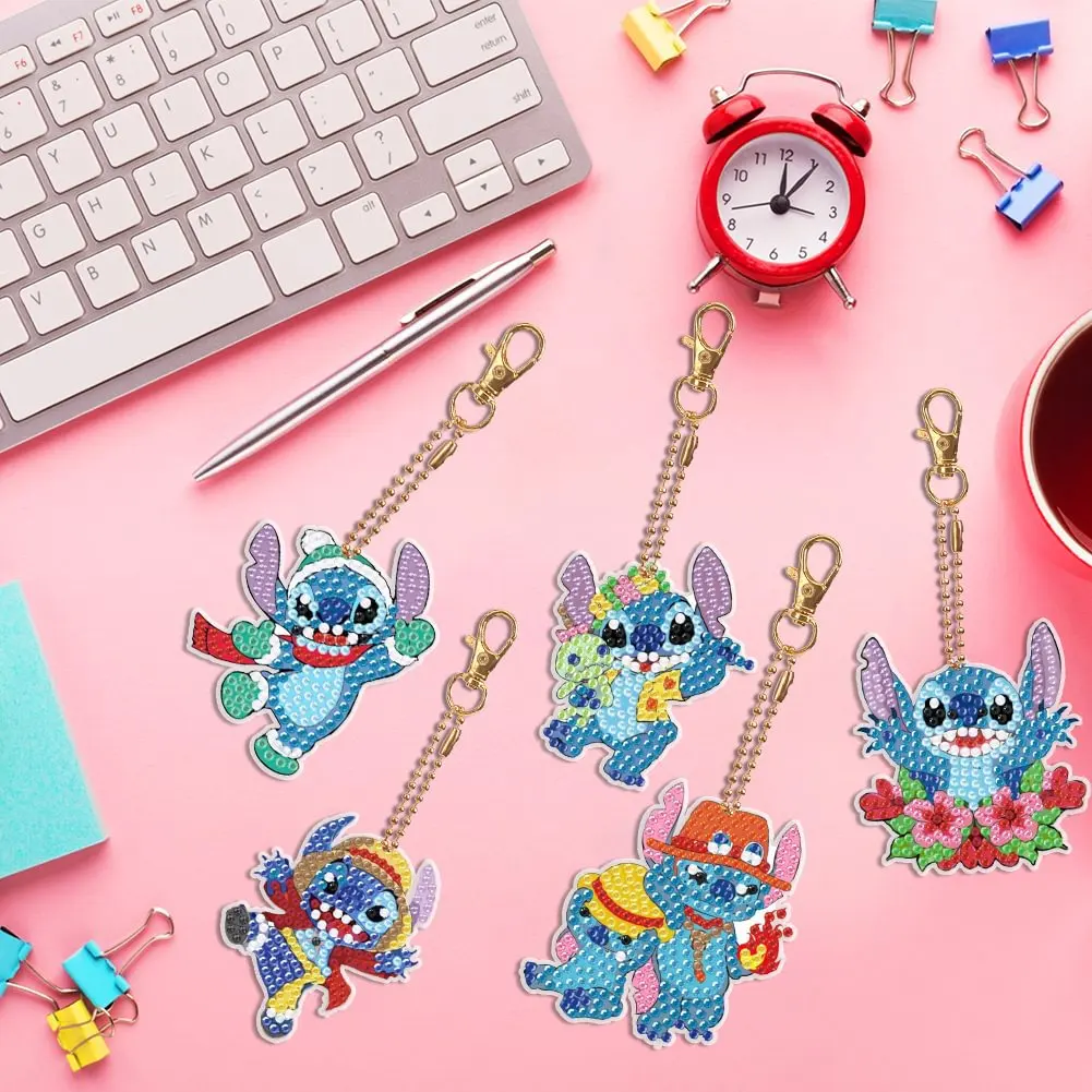 5D Diamond Drawing Keychain Cartoon Stitch Anime Crystal Alien Diamond DIY Double Sided Diamond Hanger