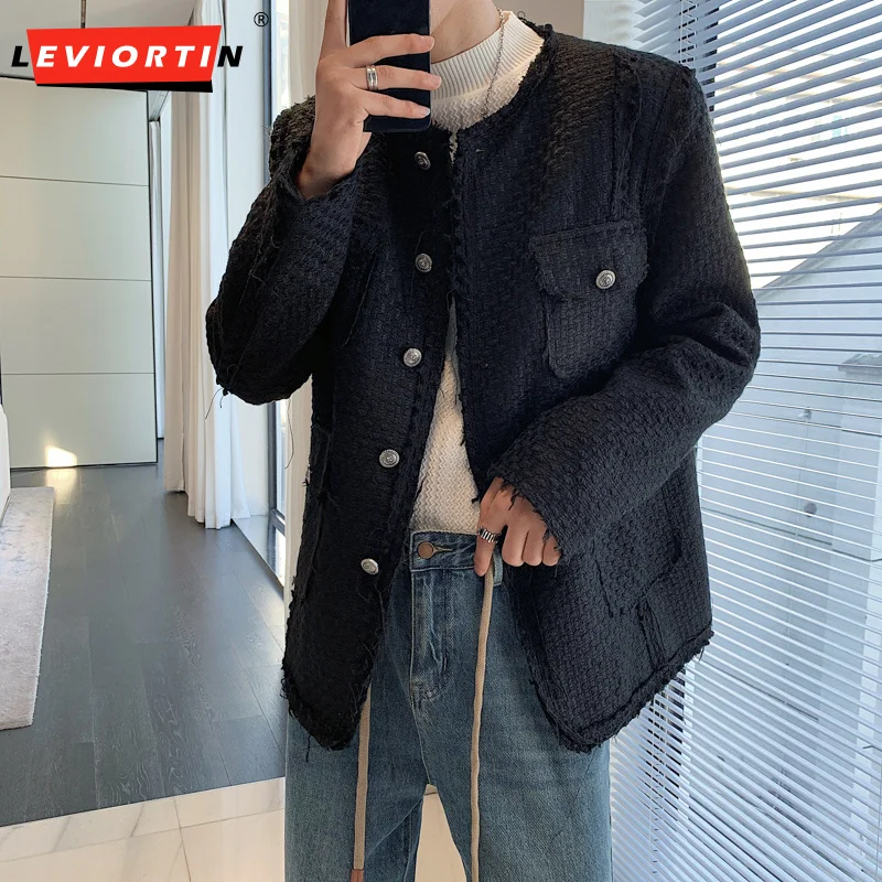 Winter Men Tweed Jackets Solid Color O-neck Long Sleeve Button Casual Men Coats Streetwear Fashion Fur Edge Thick Outerwear