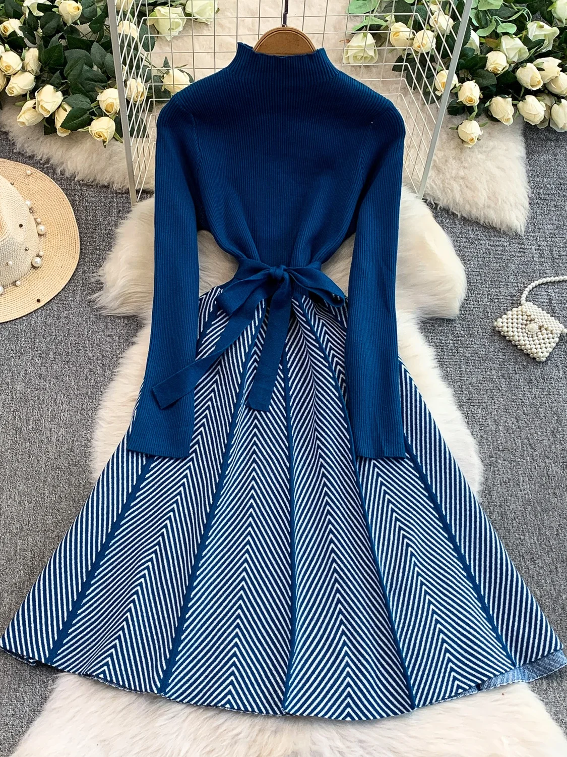 Ele tricoté longue Dr femmes automne hiver minceur rayure taille haute ceinturée Midi Dr Ci trajet a-ligne jupe