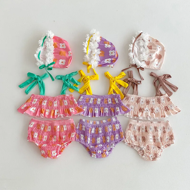 2026 Summer New Baby Girl Cute Bikini Split Swimsuit 3pcs Suit Newborn Infant One Piece Swimsuit + Hat Toddler Bathing Suit