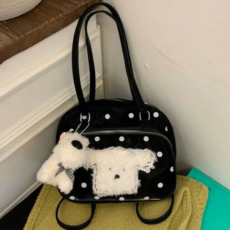 

Korean Cute Puppy Backpack Women Polka Dot Large Capacity Black Shoulder Bag Ladies Multifunction Preppy Style Versatile Daypack