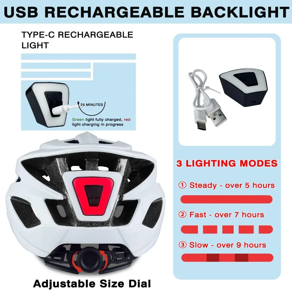 USB Rechargeable Bike Helmet with LED Light, Detachable Visor, CPSC Certified, 56-62cm
