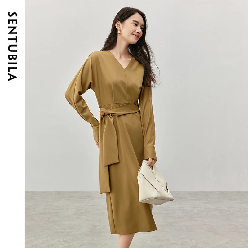 SENTUBILA Temperament Wool Dresses Women 2024 Autumn Straight Simple Twill V Neck Lace-up Waist Elegant Long Dress 143L57349