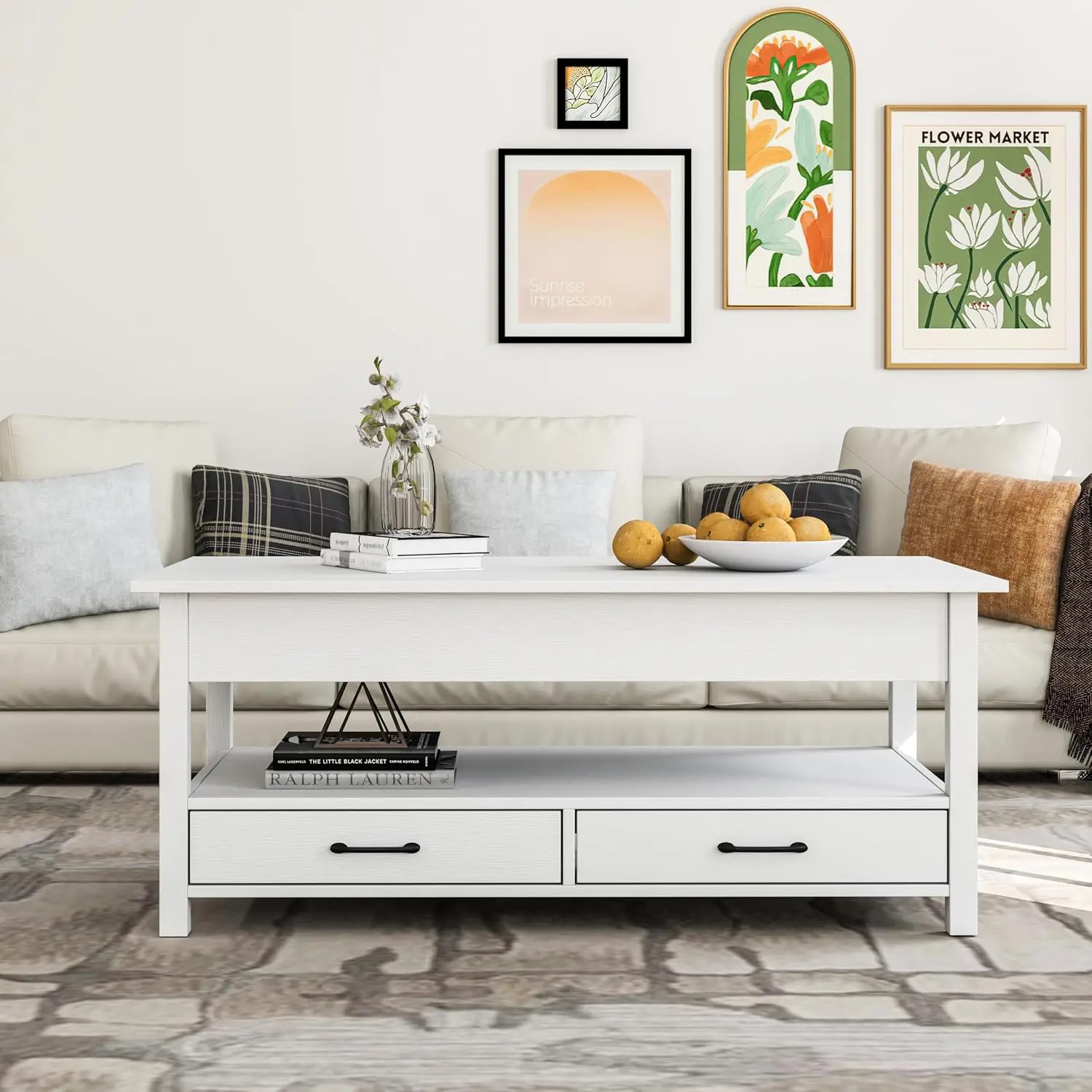 White Wooden Lift Top Coffee Table with Hidden Storage Compartment Drawers & Open Shelf for Living Room