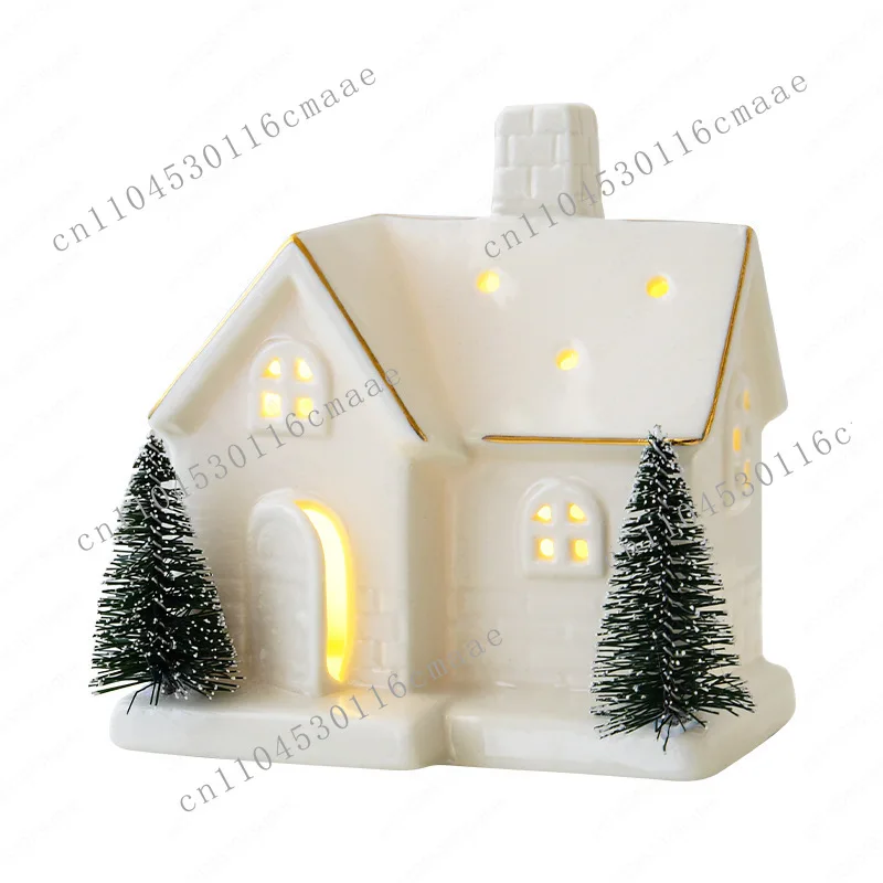 NEW Christmas Tree House Creative Ceramic Ornaments Luminous Snow House Snow House Scene Arrangement Tabletop Small Ornaments